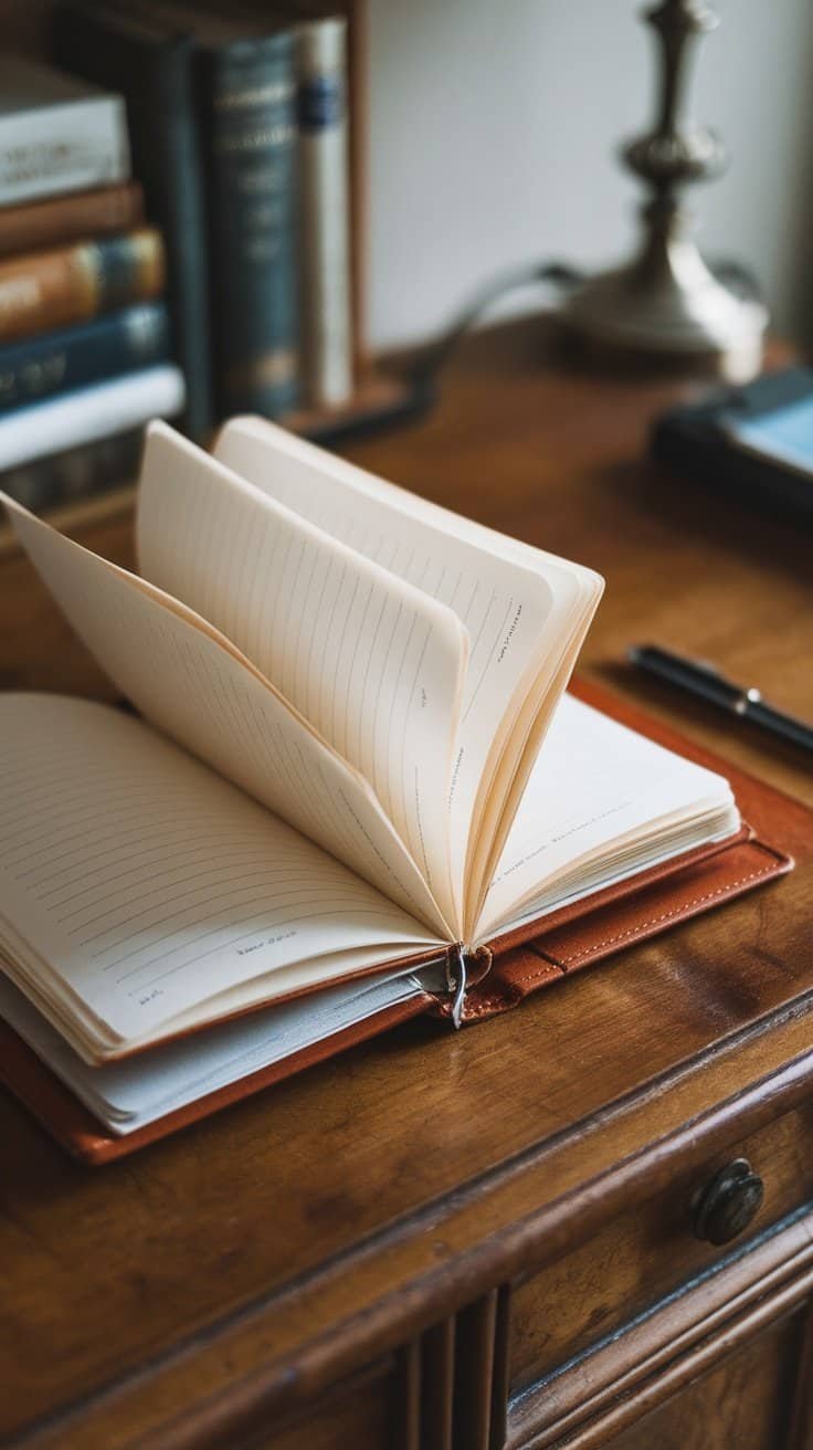 An open notebook on a wooden desk with a pen and some books in the background.