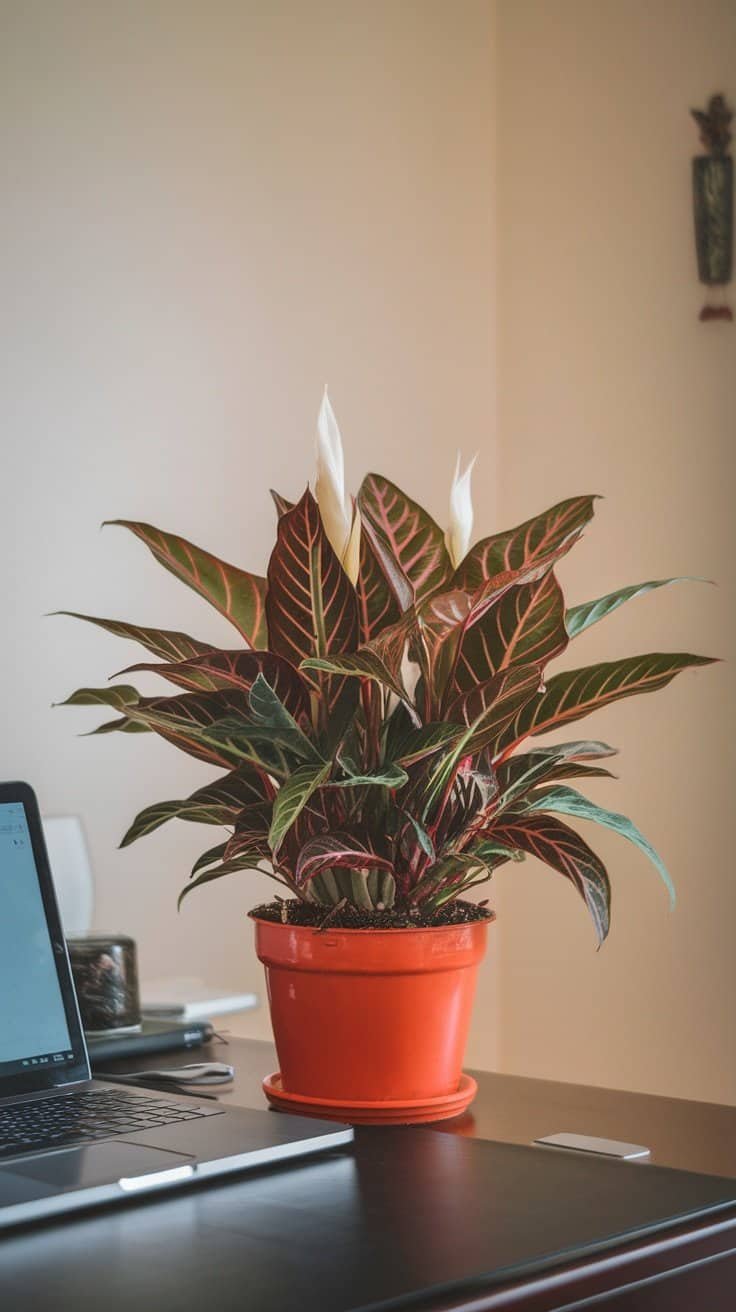 A vibrant indoor plant in a pot on a desk next to a laptop.