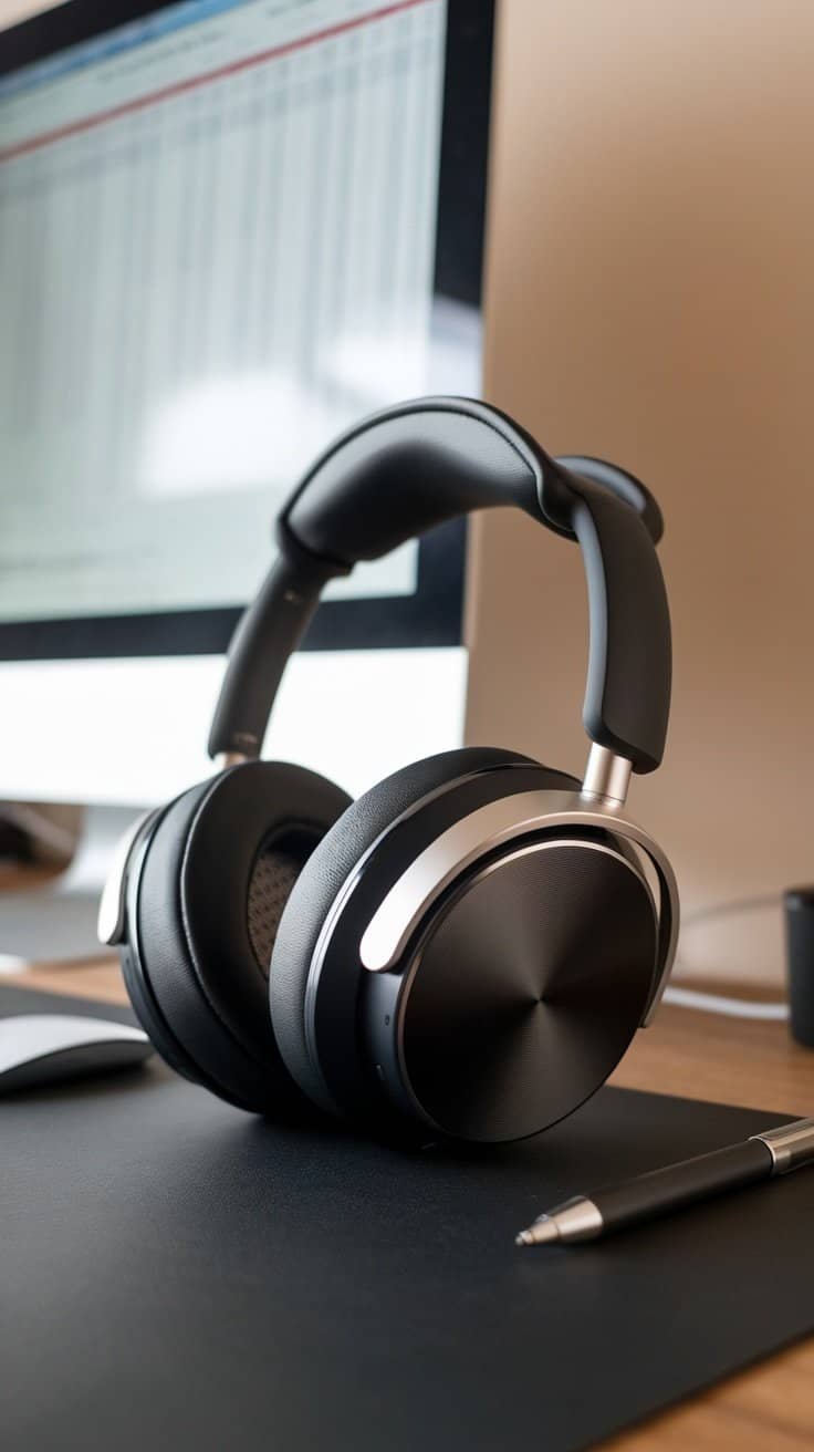 Noise-canceling headphones on a desk next to a computer.