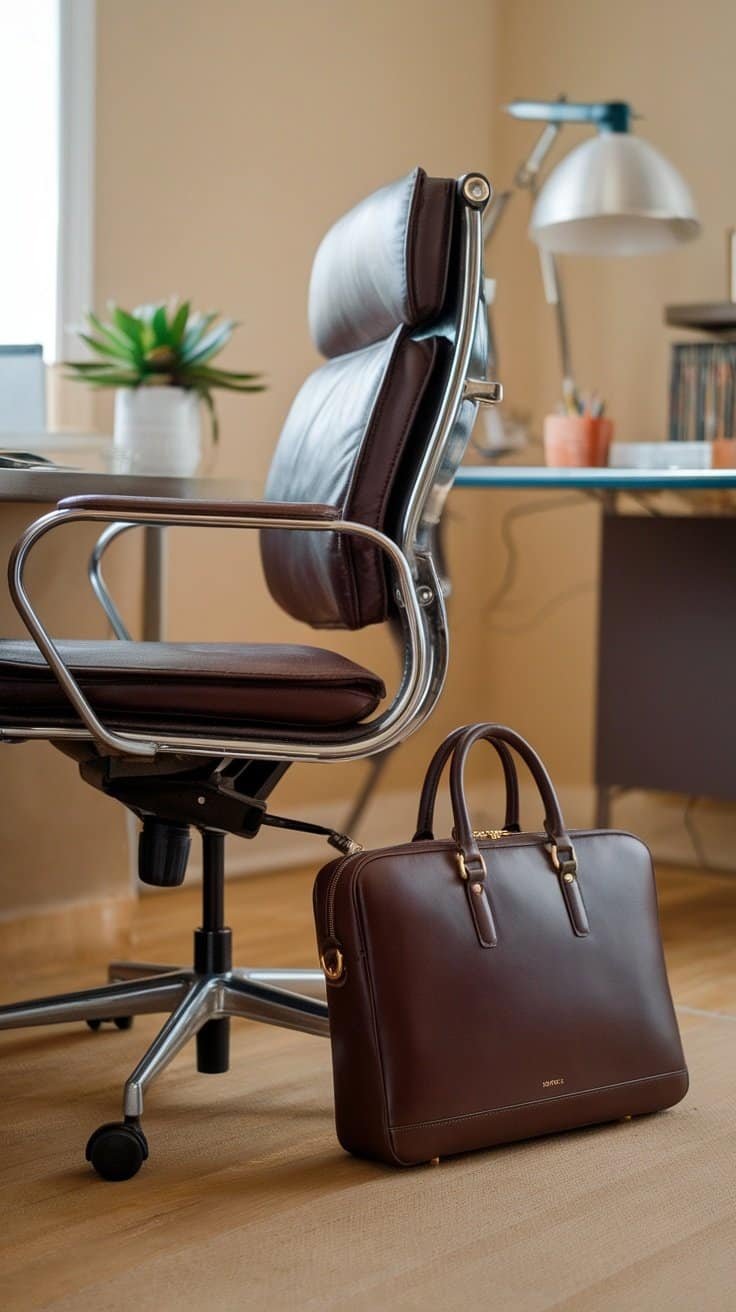 A stylish brown briefcase placed next to a modern office chair in a home office setting.
