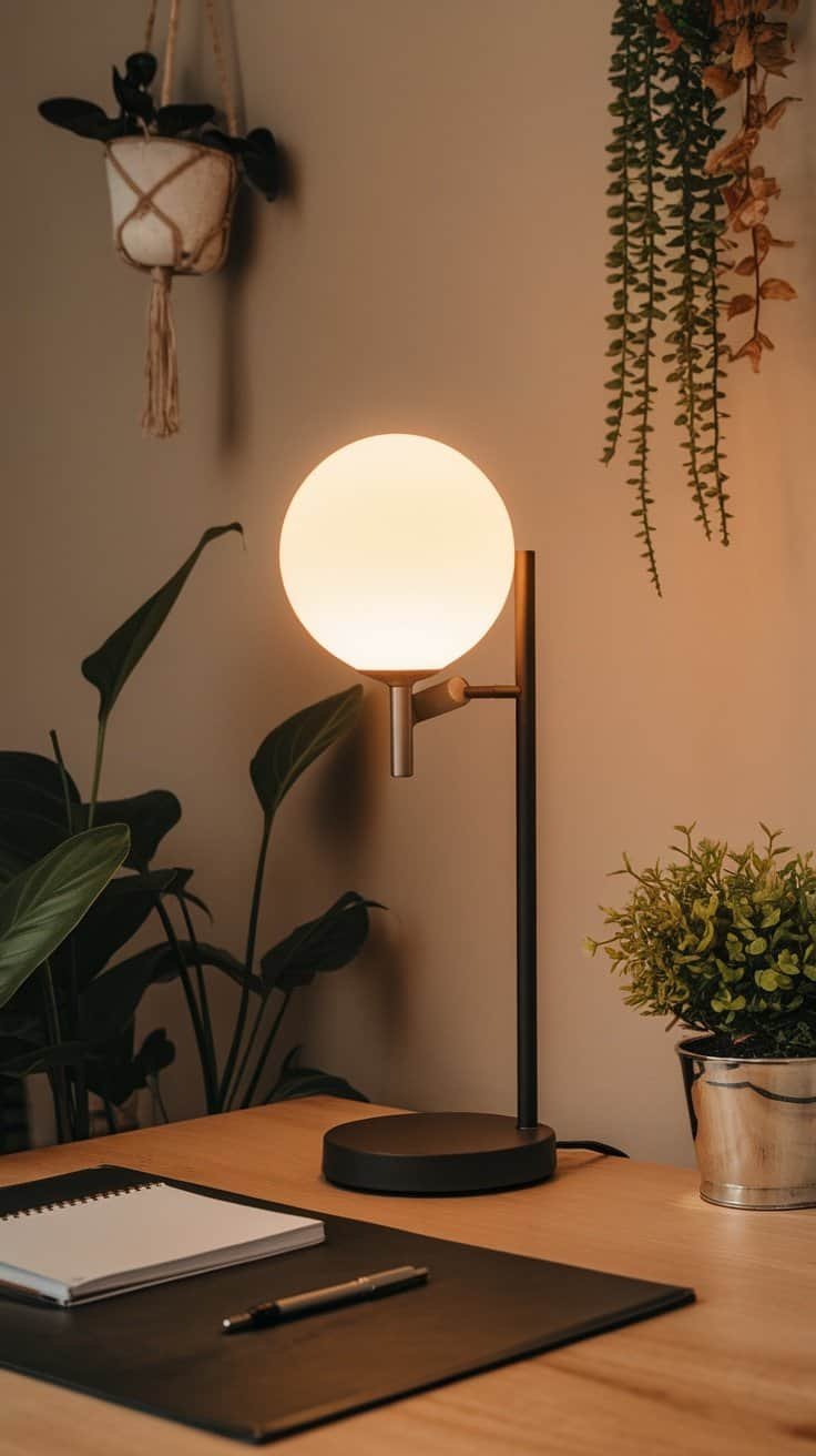A stylish task lighting lamp on a wooden desk, complemented by plants and stationery.