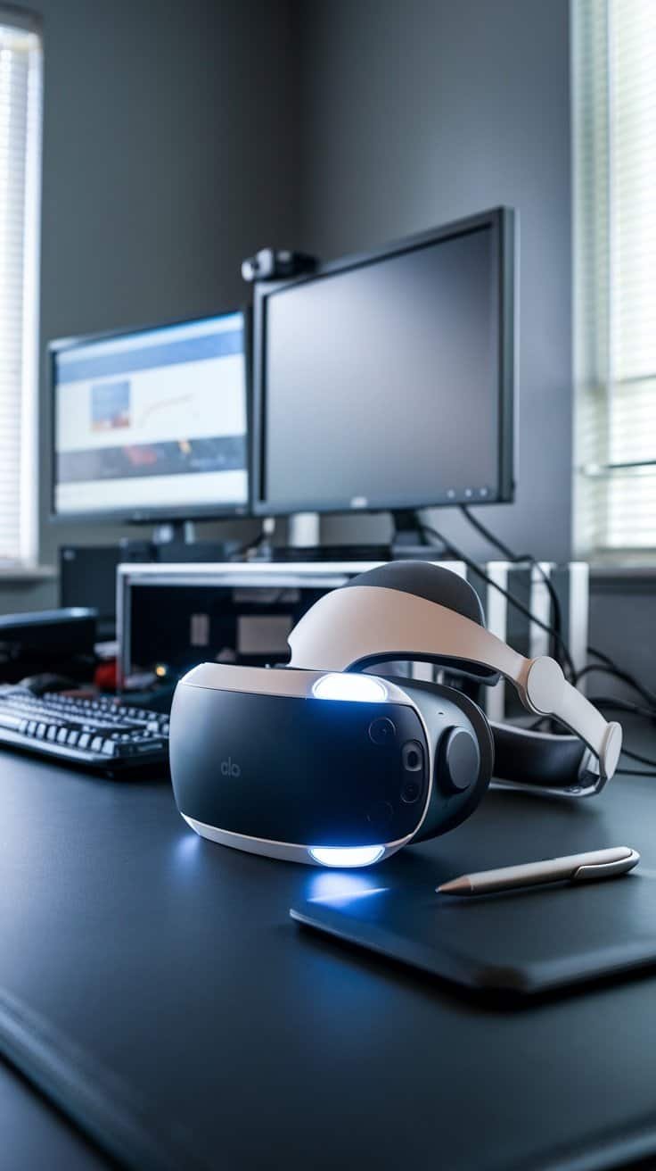 A virtual reality headset placed on a desk next to a pen and notebook.