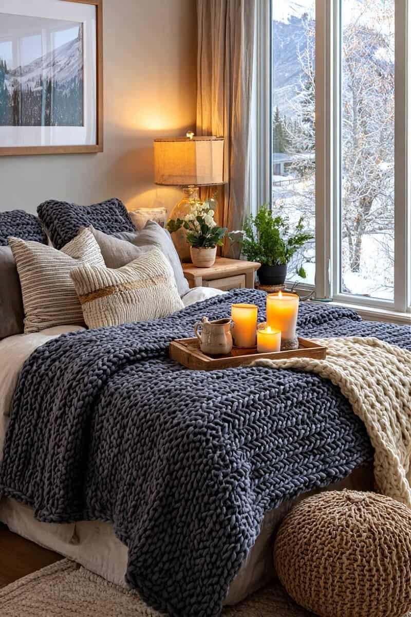 Warm candlelit cozy winter bedroom ambiance