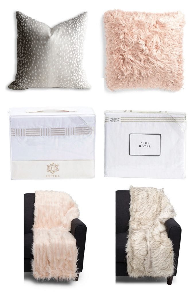 Glam winter bedroom with faux fur and metallic accents