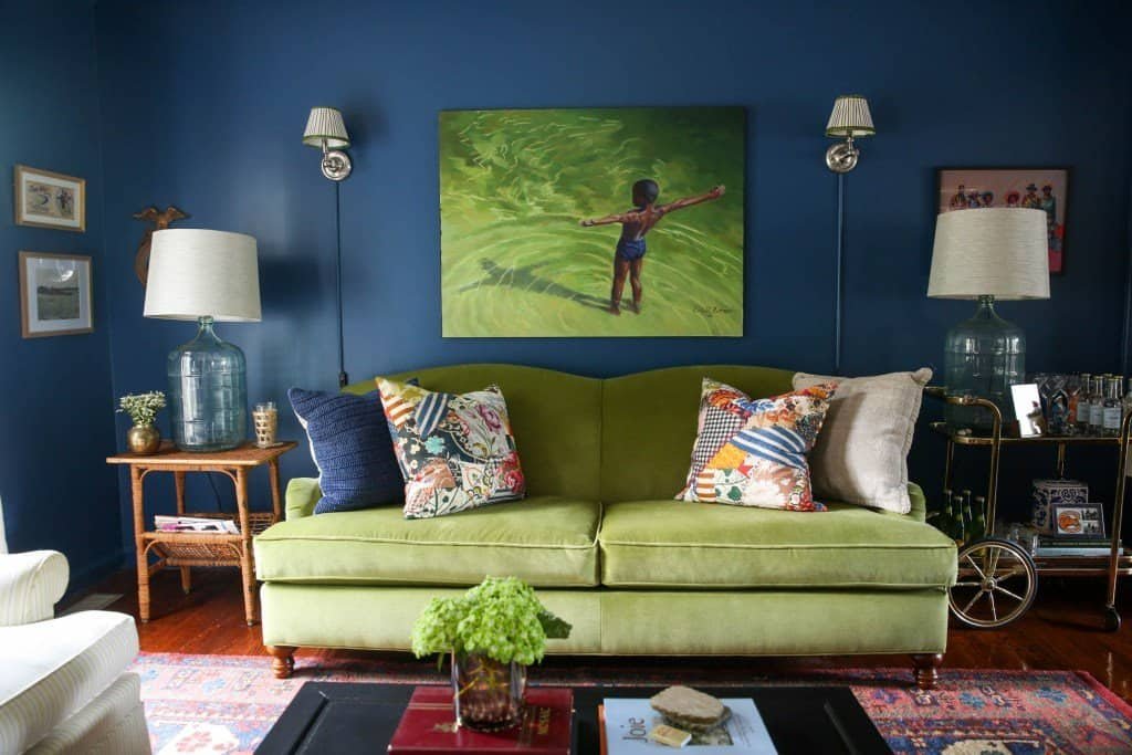 Jewel tone green velvet sofa living room