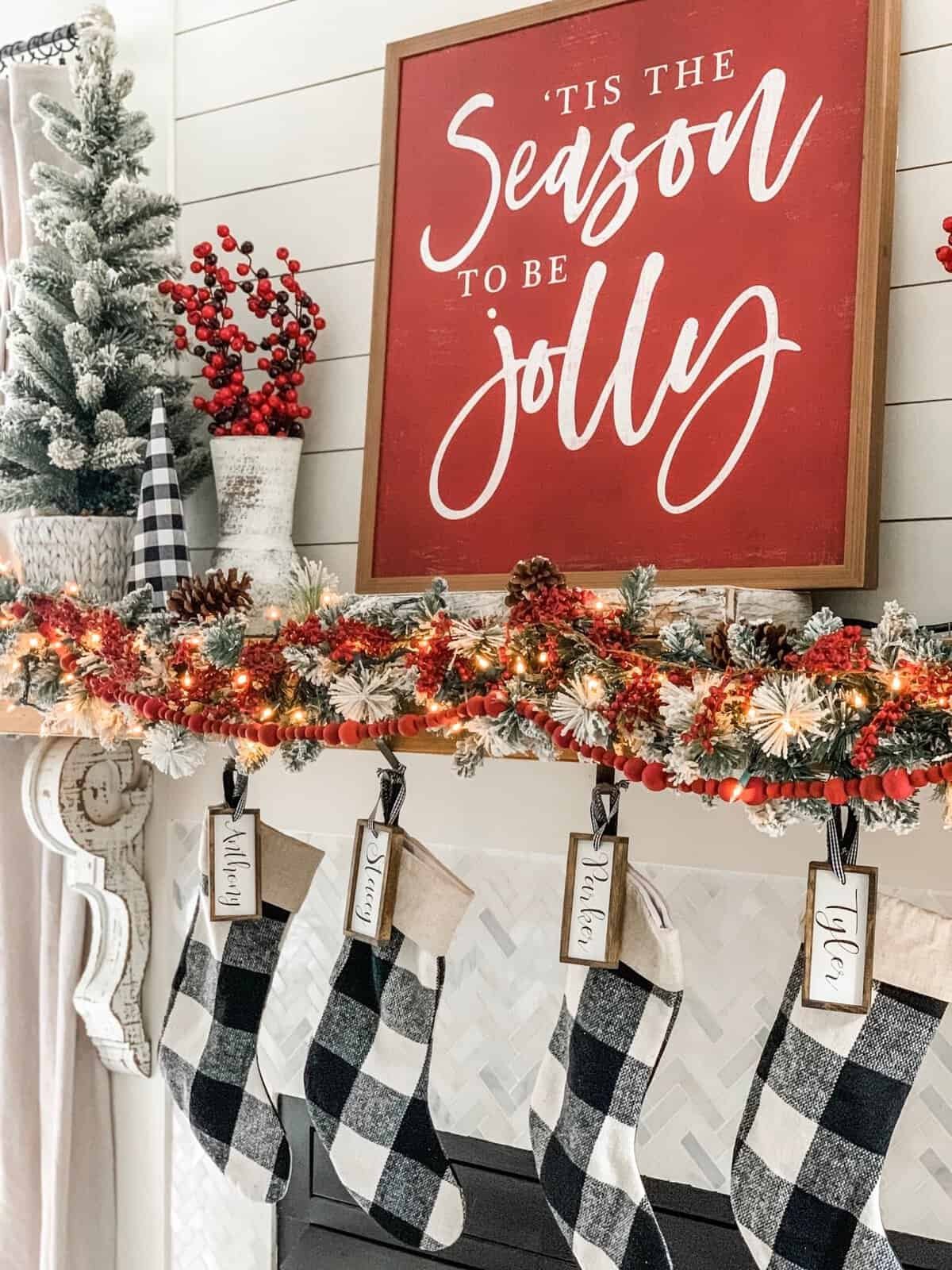 Traditional buffalo plaid winter fireplace mantel decor