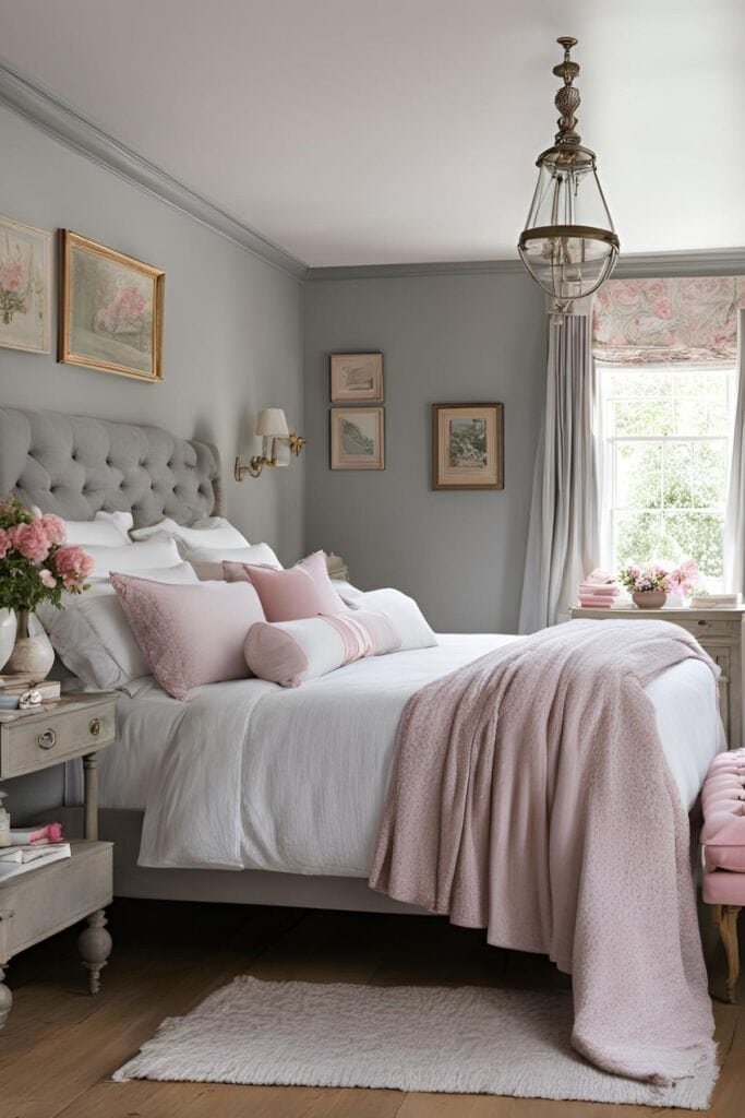 Hygge Scandinavian style winter bedroom with gray and pink tones