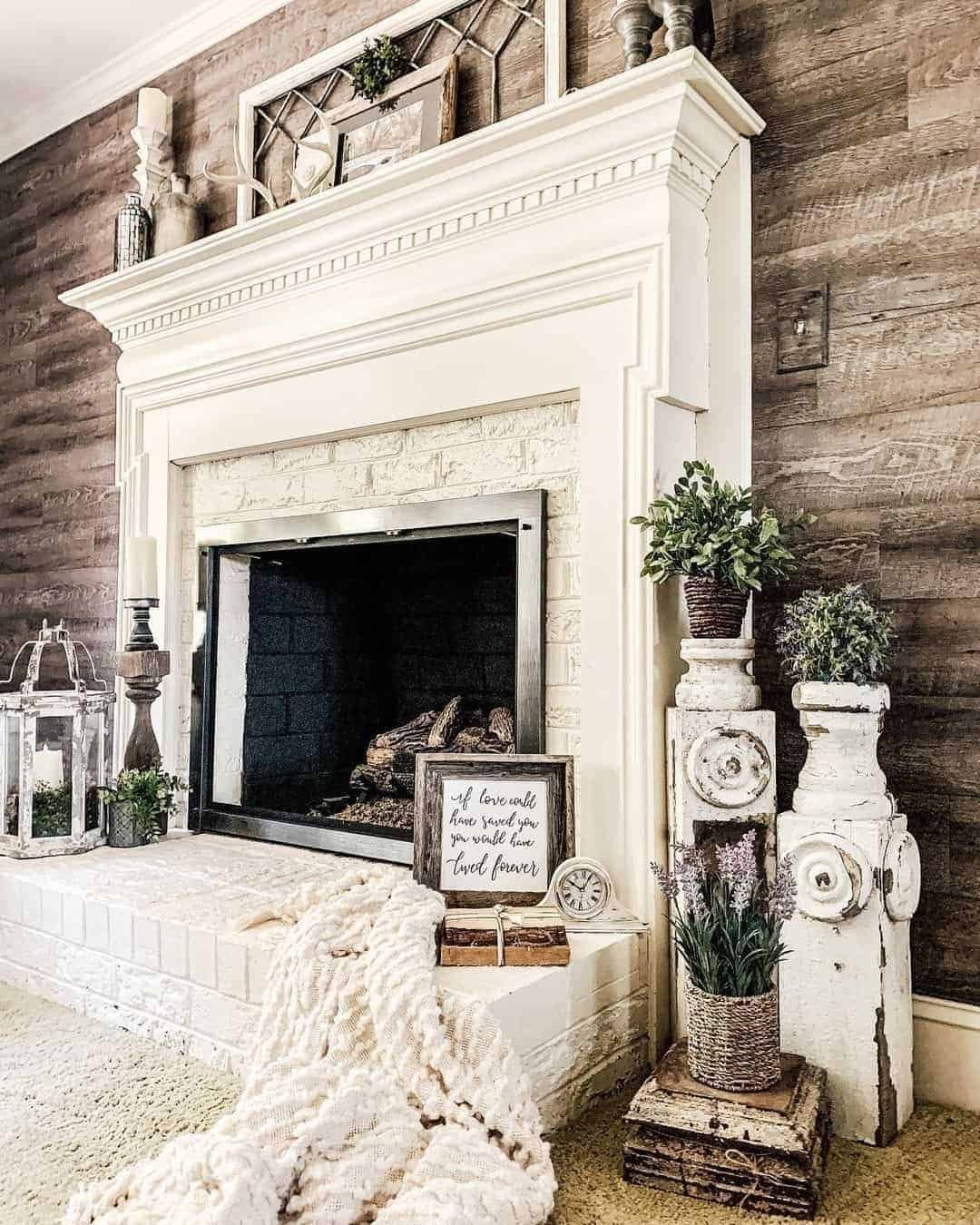 Rustic farmhouse winter living room with fireplace