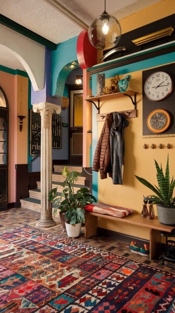 Colorful eclectic entryway with vibrant painted walls and bench