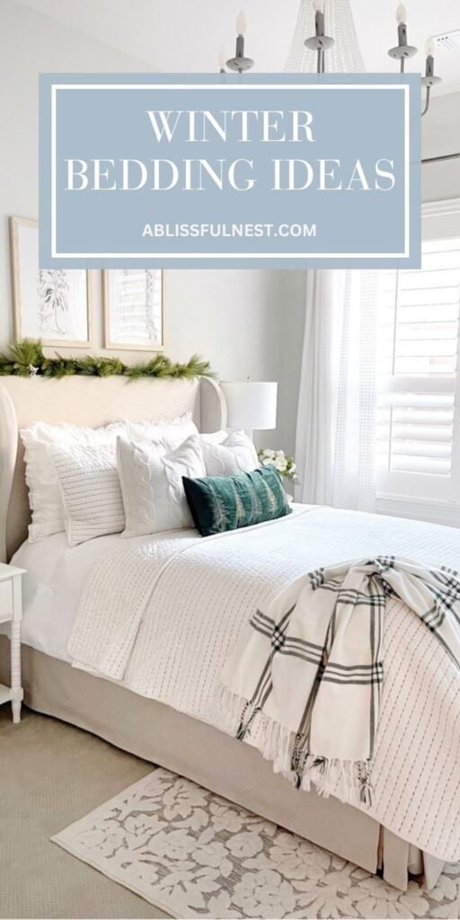 Layered textural winter bedding on a cozy bed