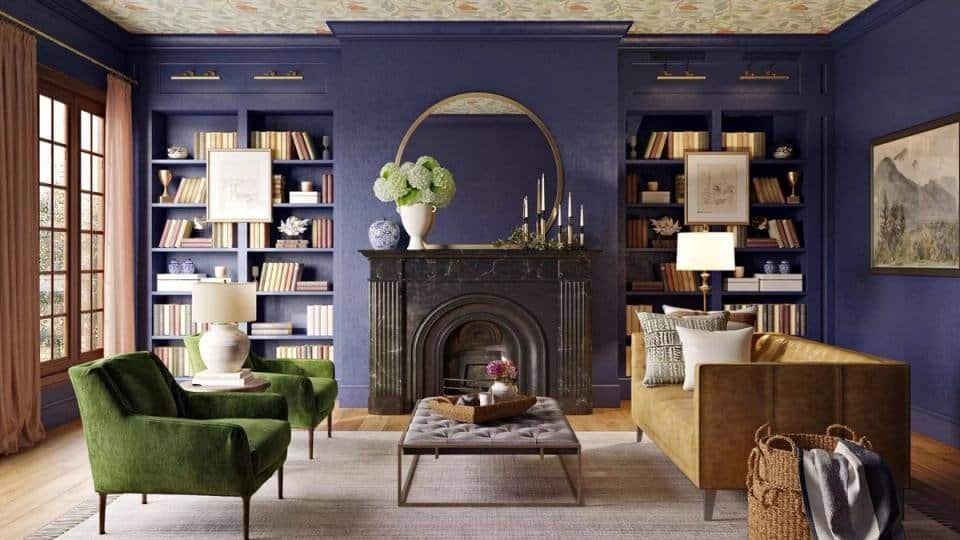 Arched mirror above a styled winter fireplace mantel