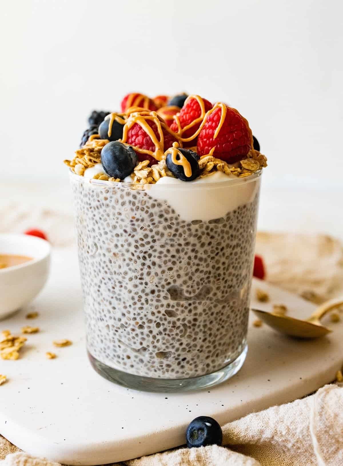 Vanilla protein chia pudding topped with berries