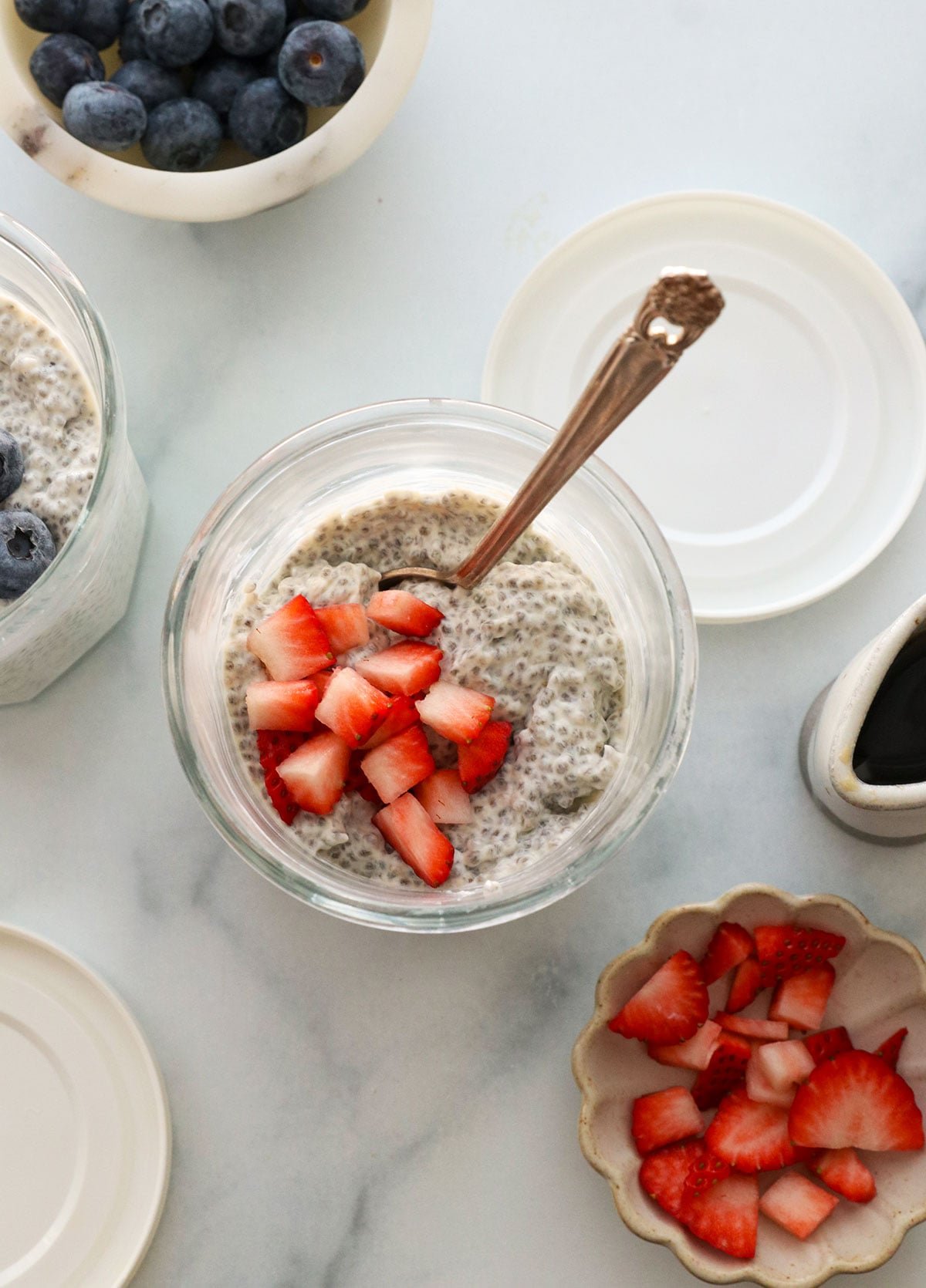 Greek yogurt chia pudding with chopped strawberries