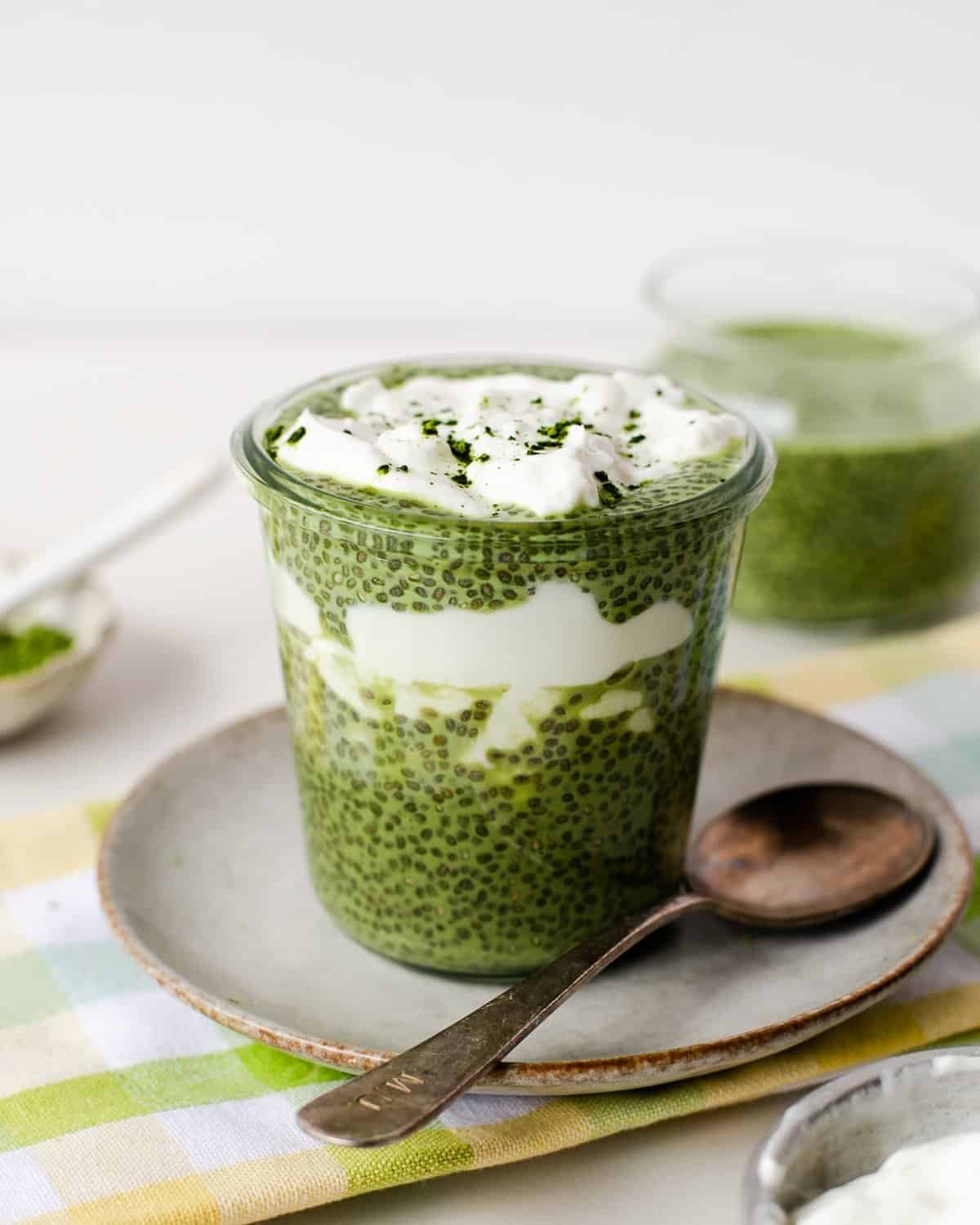 High protein matcha chia pudding cups