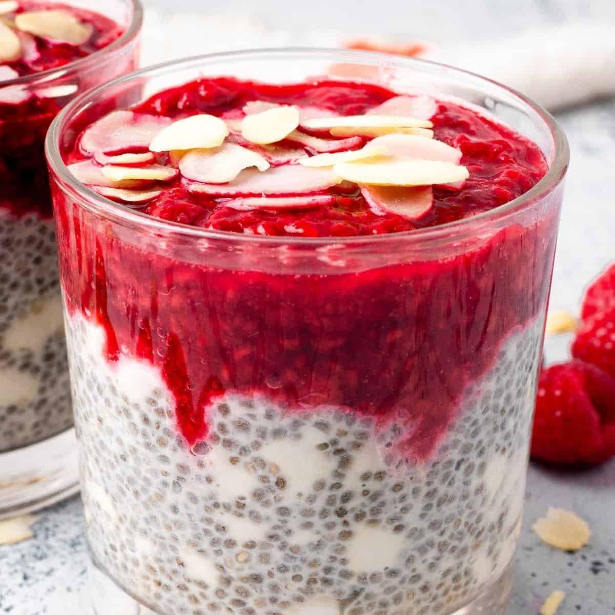 Raspberry chia pudding with cottage cheese and almonds