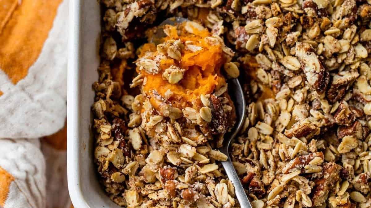 Sweet potato casserole with pecan oat topping