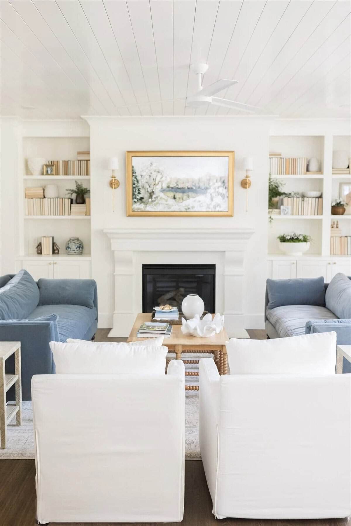 Coastal style winter fireplace mantel decor