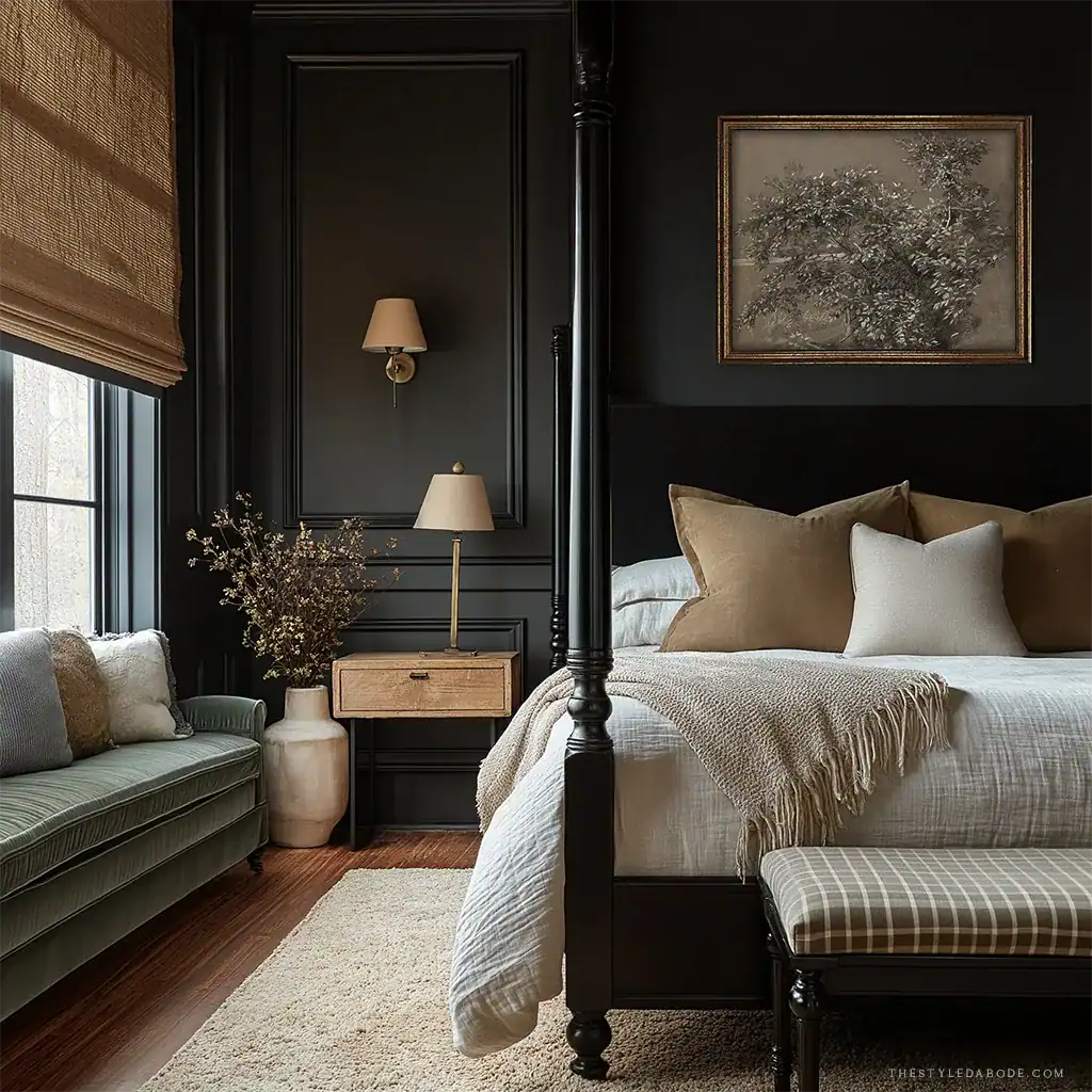 Dark and moody winter bedroom with rich layered bedding