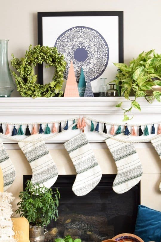 Boho chic style winter fireplace mantel decor