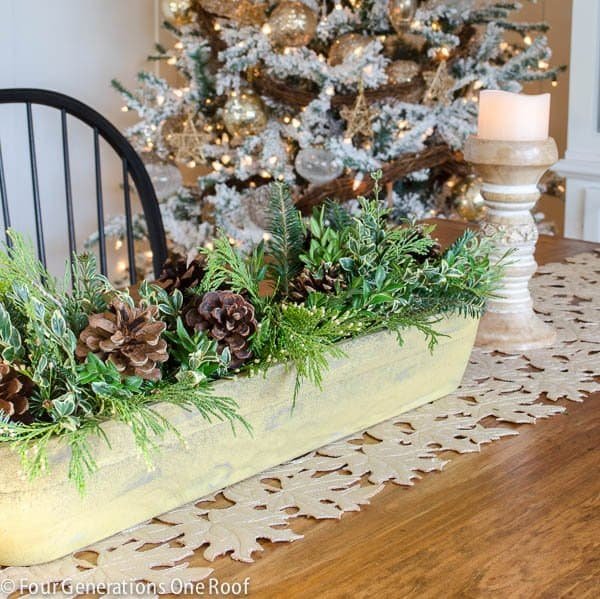 Fresh greenery dough bowl Christmas centerpiece