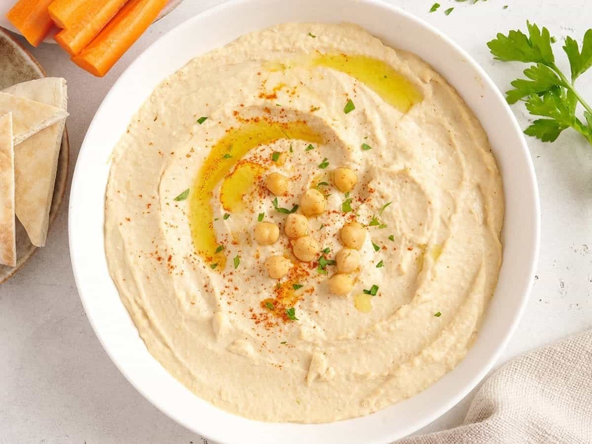 Homemade hummus with veggies for an easy after school snack
