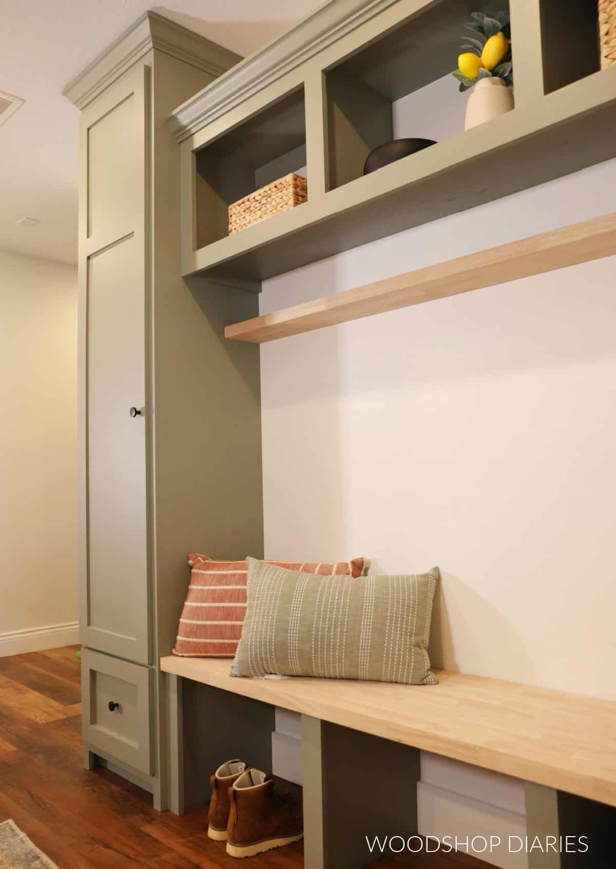 Built in mudroom cabinets with bench and open cubbies