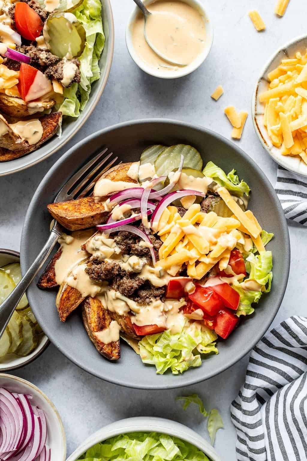 Cheeseburger bowls with crispy potatoes and special sauce