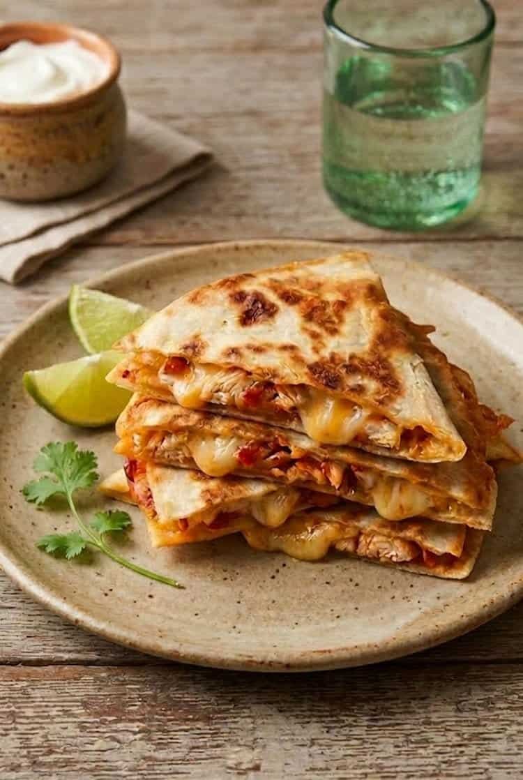 Chicken quesadillas cut into wedges with salsa