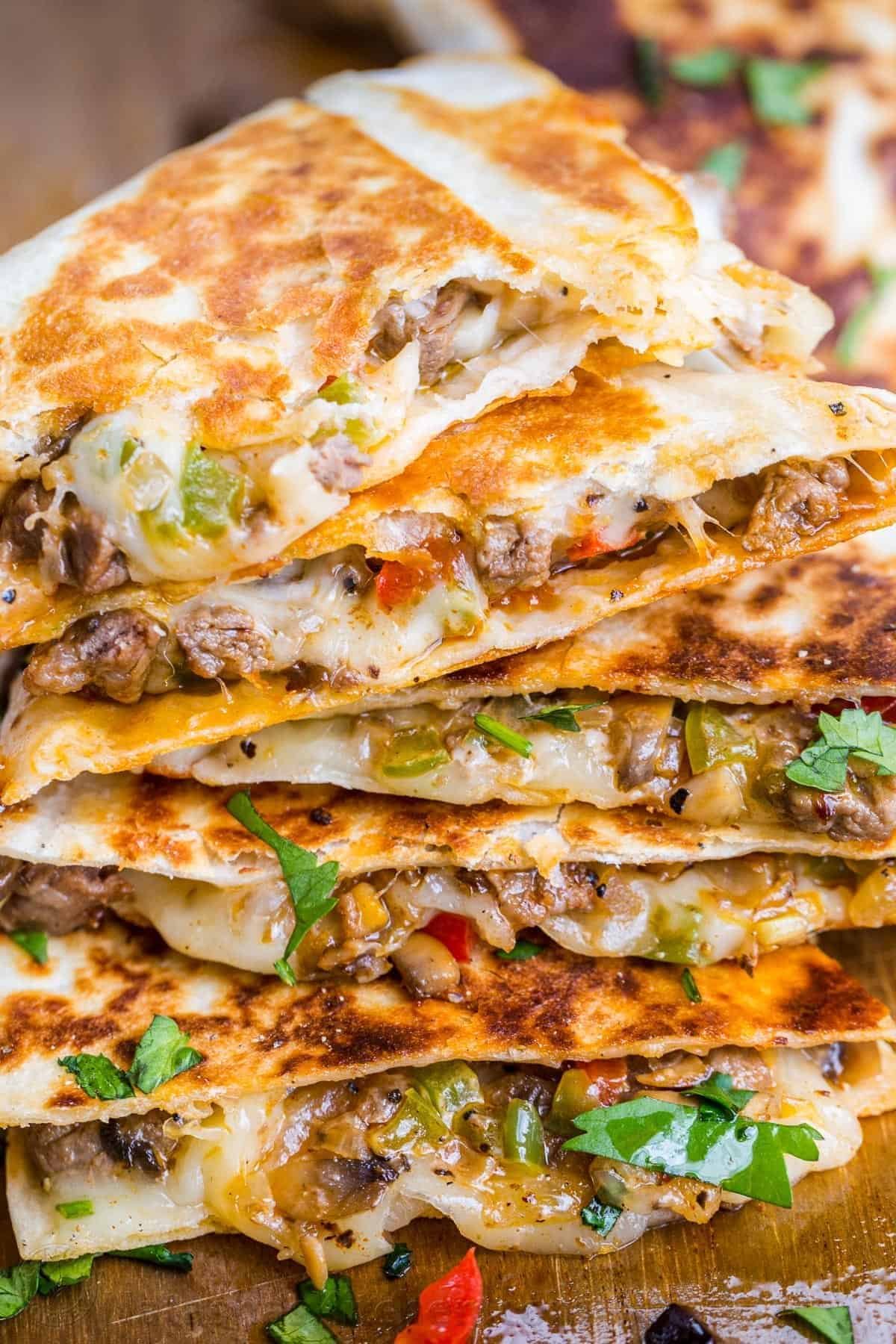 Stack of Philly cheesesteak quesadilla wedges
