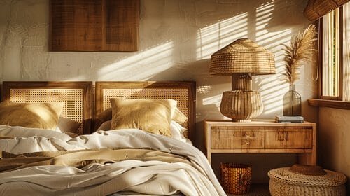 Earthy boho winter bedroom with warm neutral tones