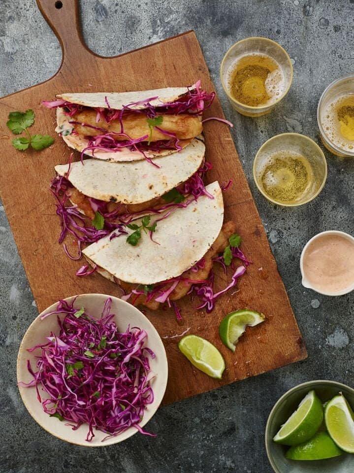 Beer battered Baja fish tacos with cabbage slaw