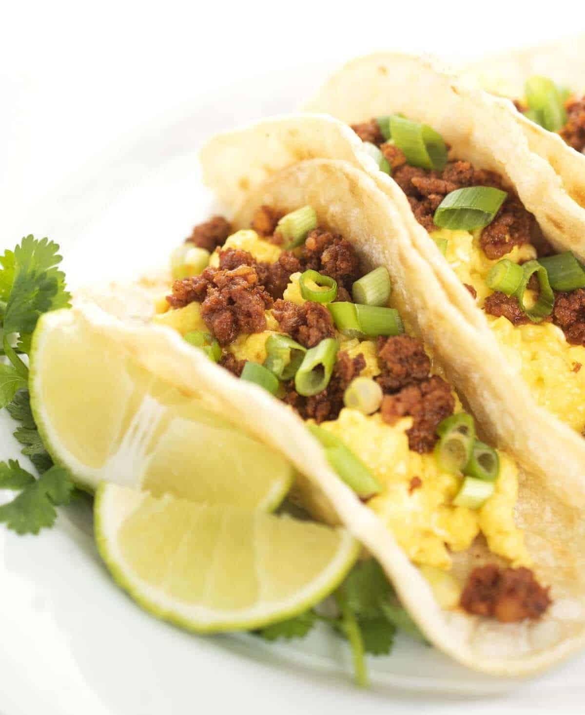 Chorizo and egg breakfast tacos with salsa verde