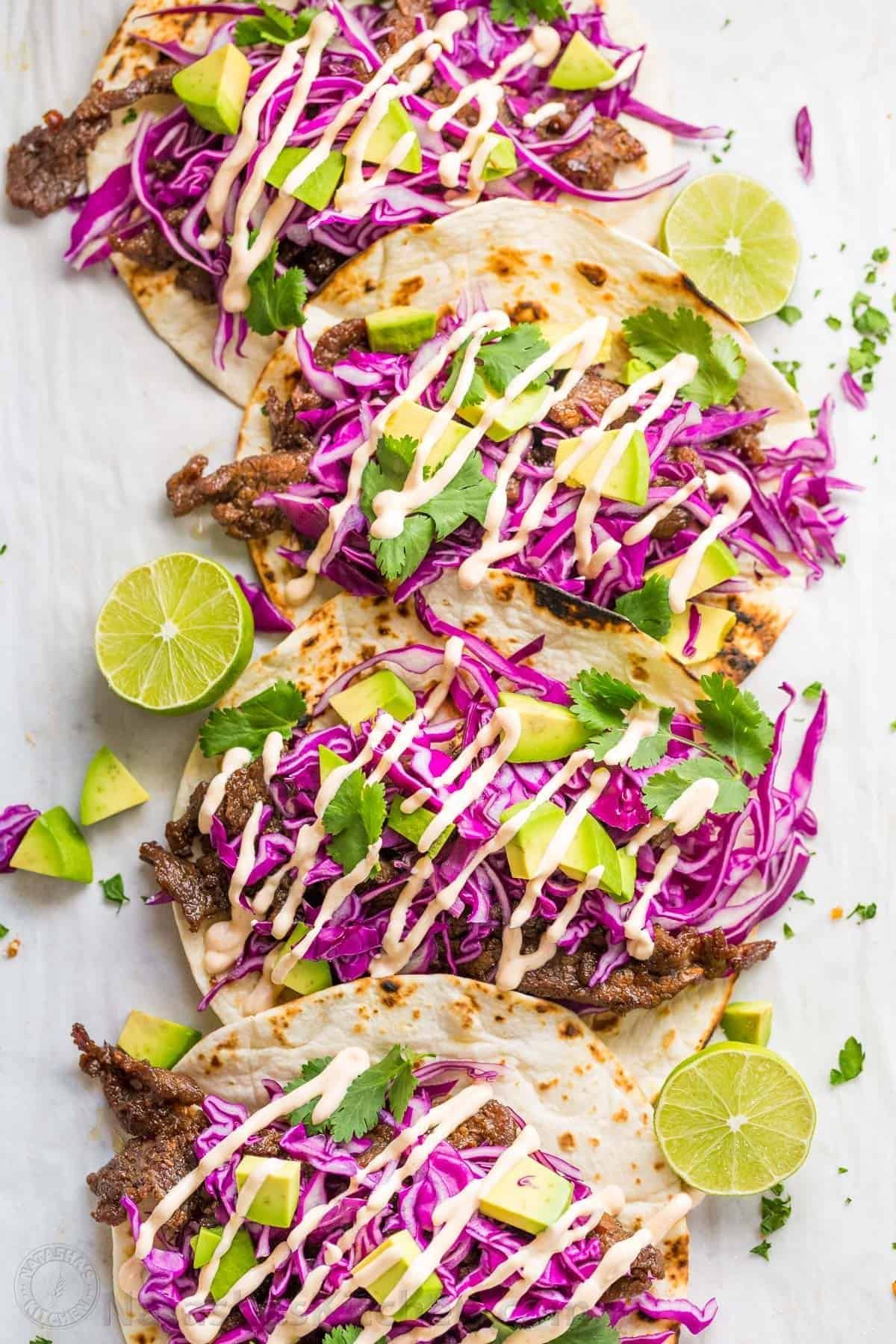 Korean beef bulgogi tacos with purple cabbage