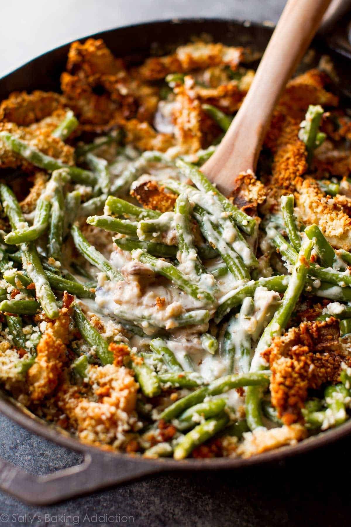 Creamy green bean casserole from scratch with crispy onion topping