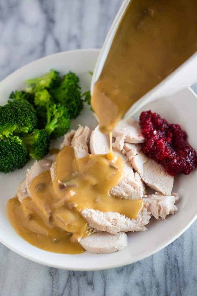 Homemade turkey gravy in a gravy boat