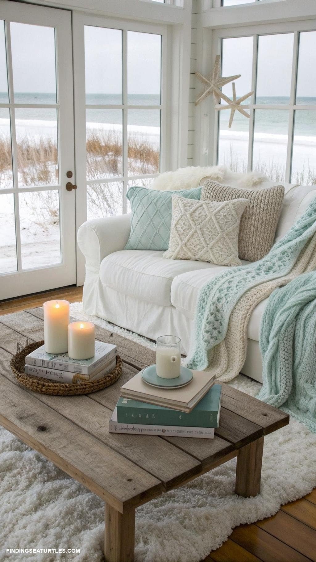 Coastal style cozy winter living room