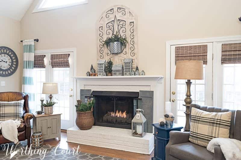 Farmhouse style winter fireplace mantel decor