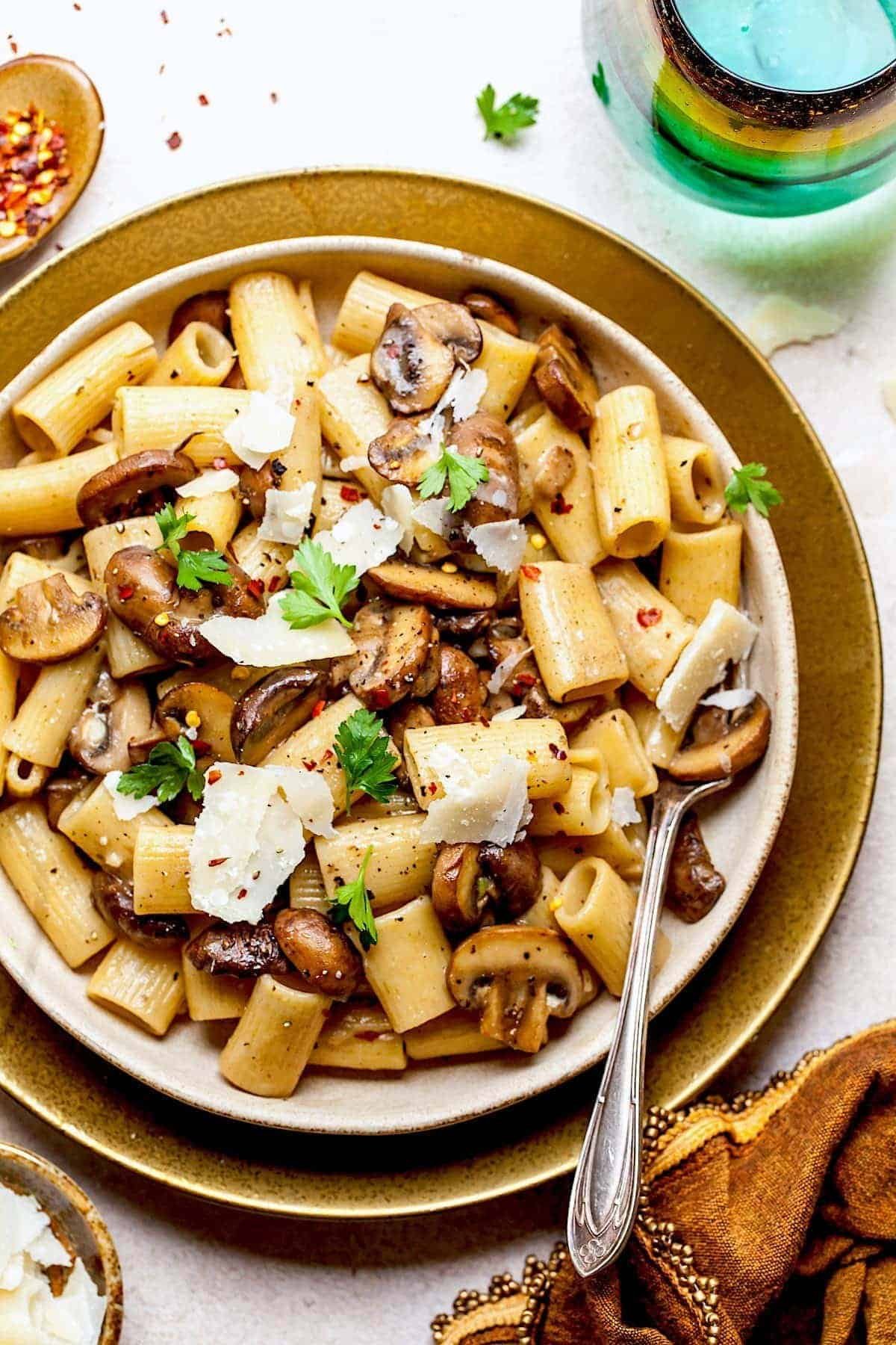 Brown butter mushroom pasta in a bowl
