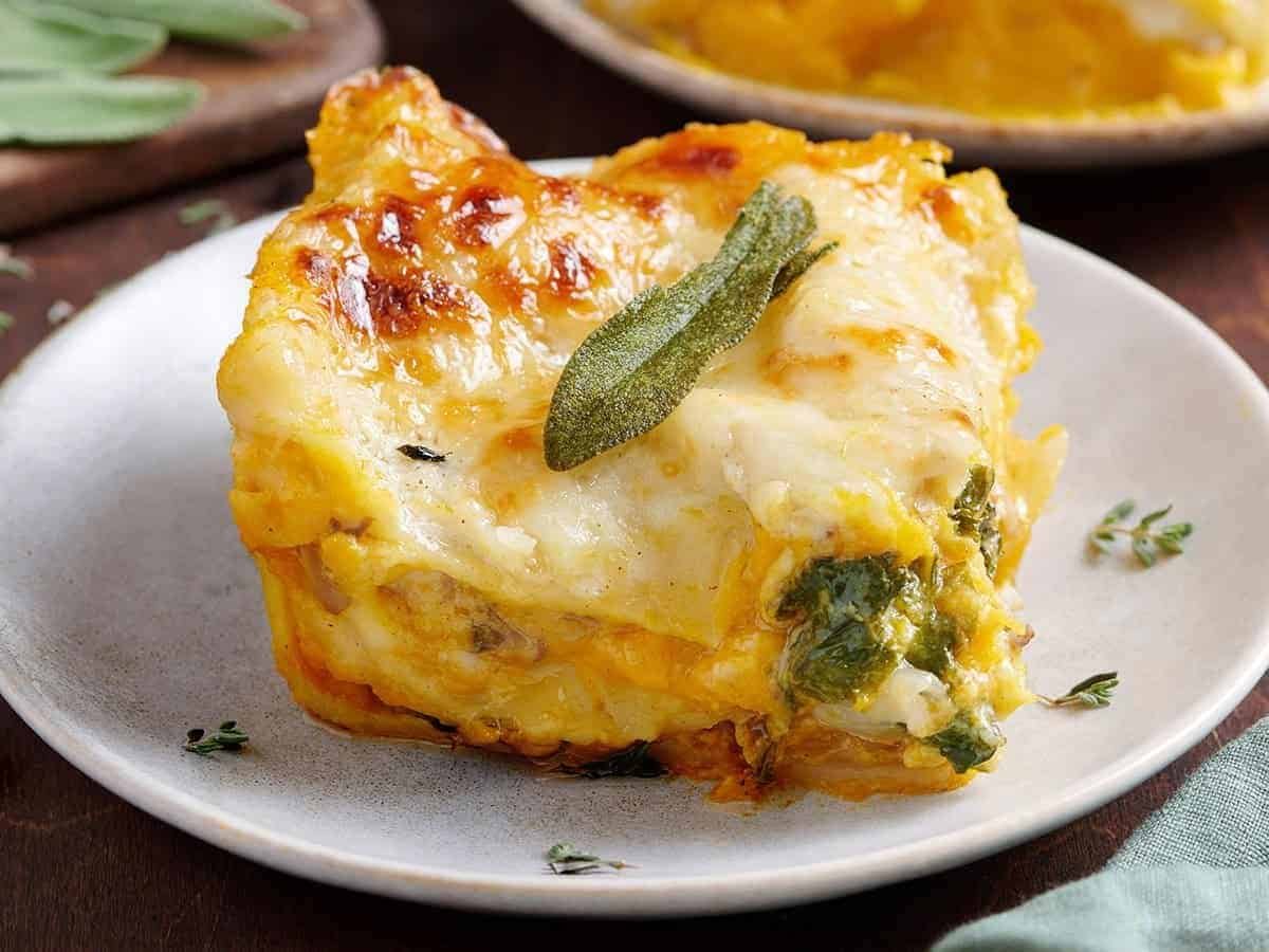 Butternut squash lasagna slice plated