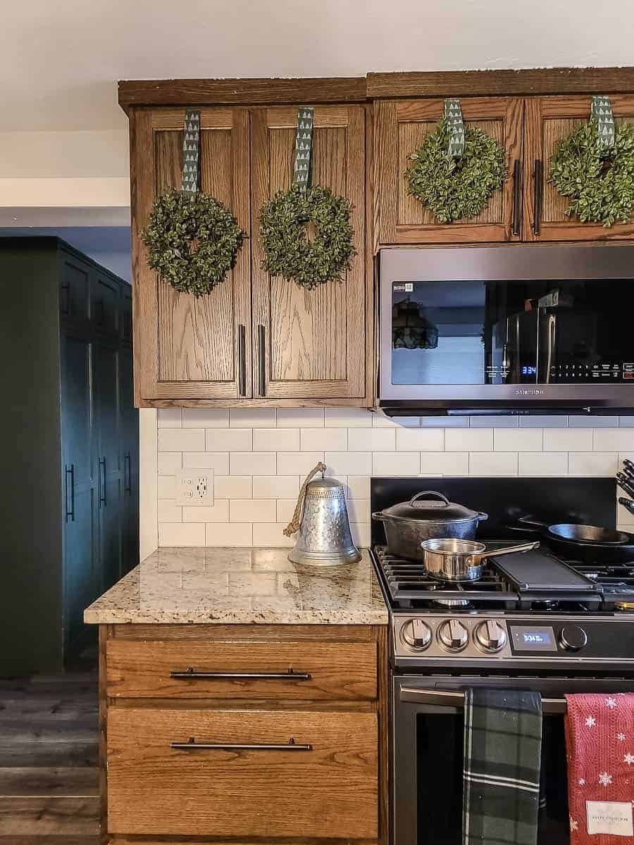 Boxwood Mini Wreaths on Upper Cabinets