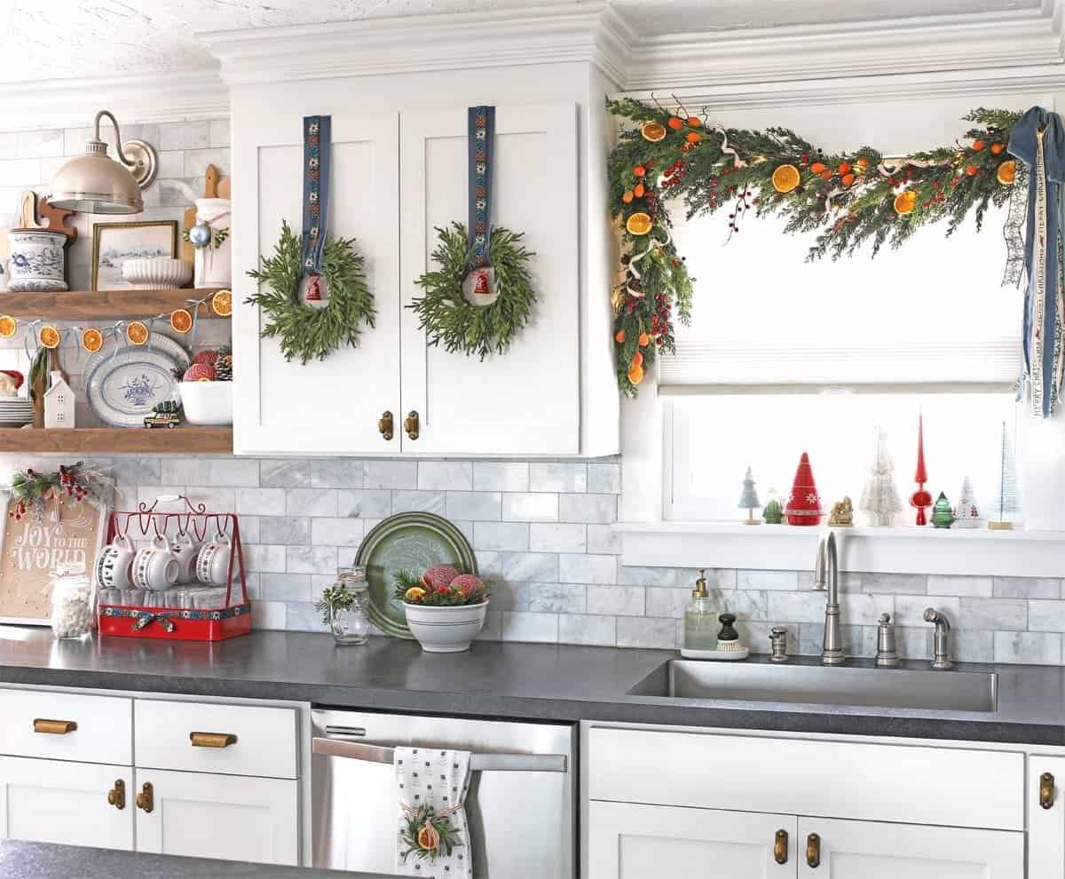 Cabinet Wreaths with Dusty Blue Ribbon