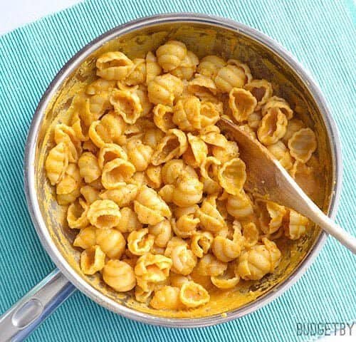 Creamy pumpkin pasta in a skillet