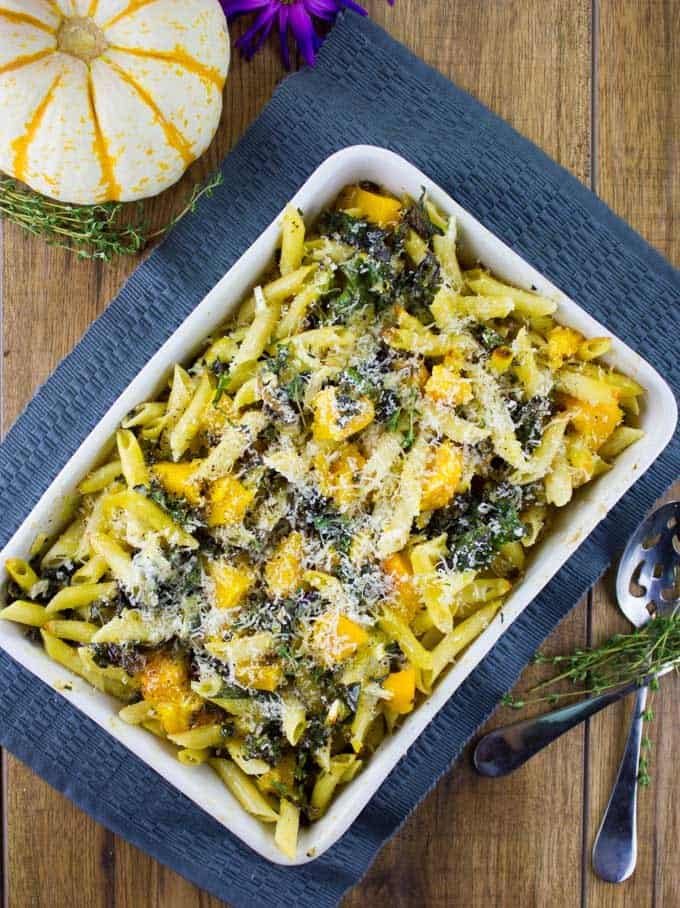 Fall baked pasta with roasted pumpkin, kale, and mushrooms