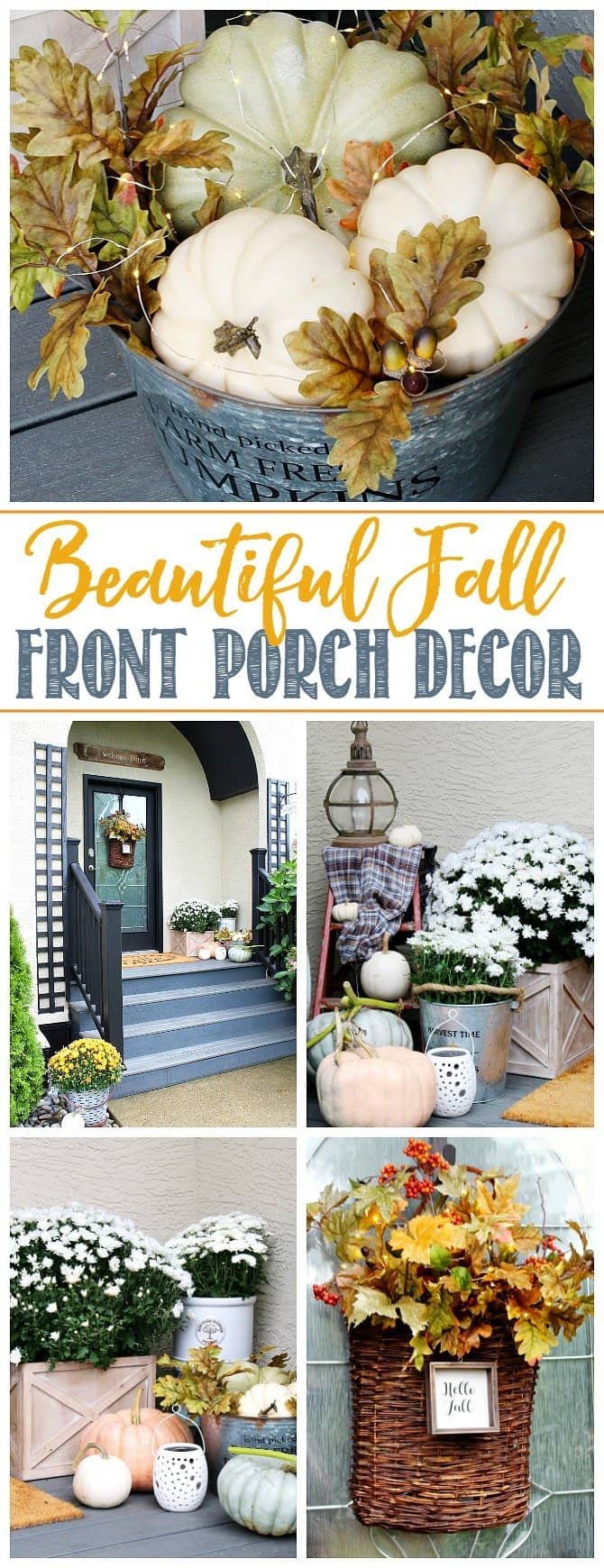 Front porch steps lined with white, yellow and dark red potted mums