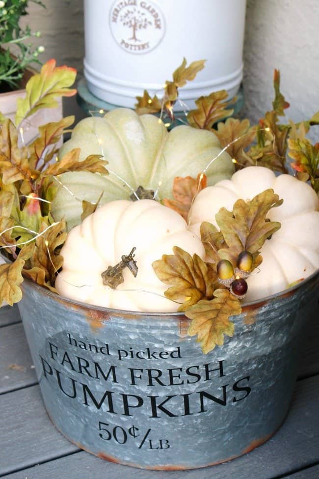 Galvanized metal bucket filled with heirloom pumpkins and gourds on a front porch step