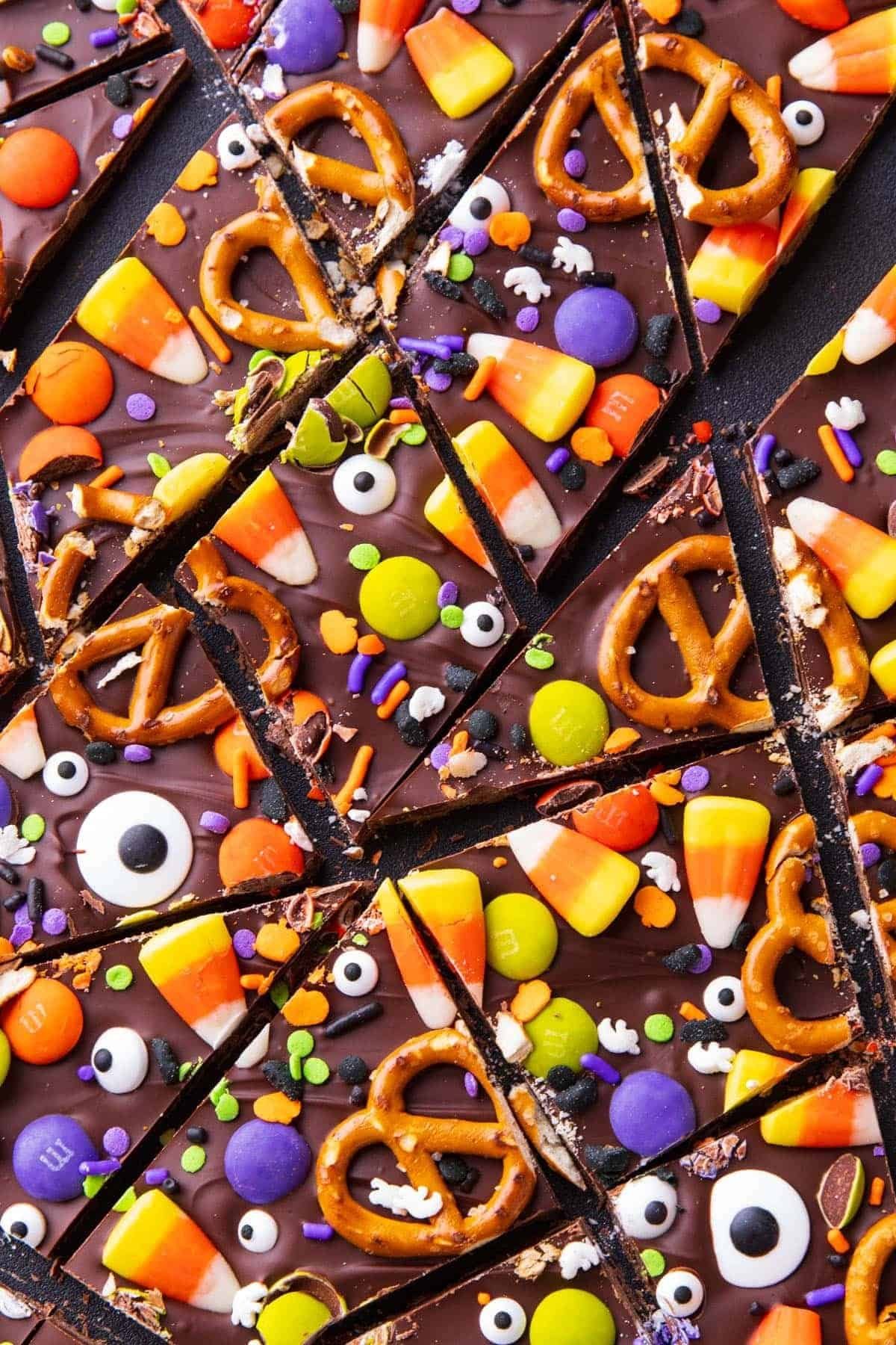 Halloween boo bark with candy corn, pretzels, M&Ms and googly eyes