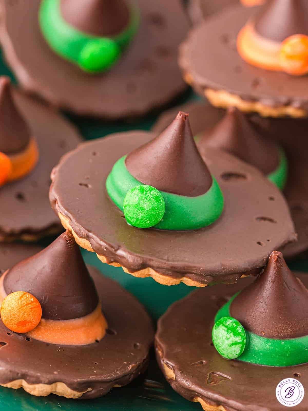 No-bake witch hat cookies made with striped cookies and chocolate kisses