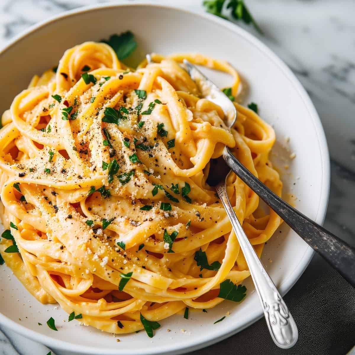 Creamy pumpkin alfredo fettuccine pasta