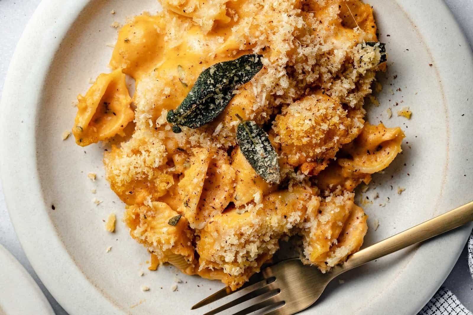 Creamy pumpkin mac and cheese with sage breadcrumbs