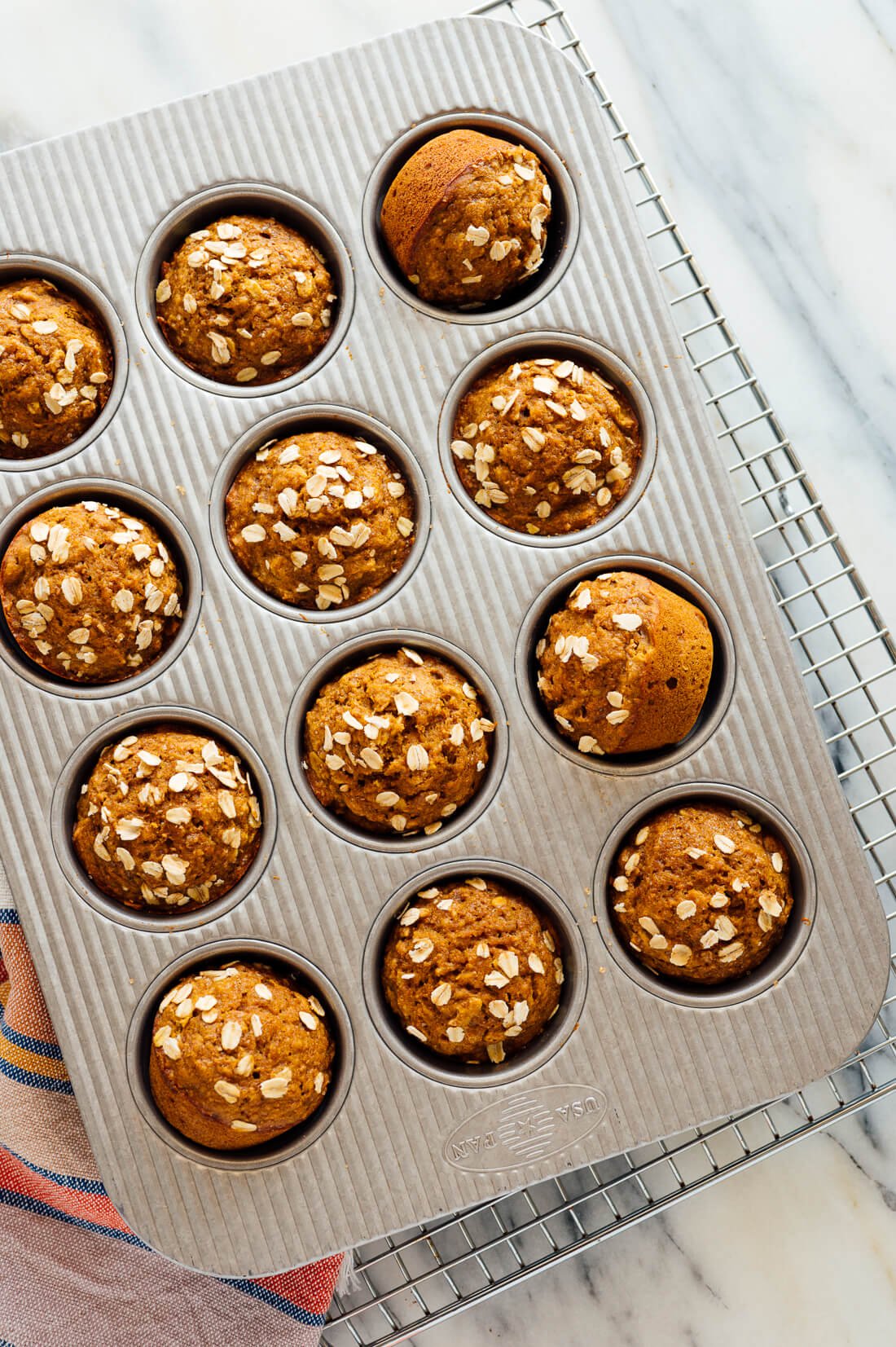 Healthy pumpkin muffins topped with oats